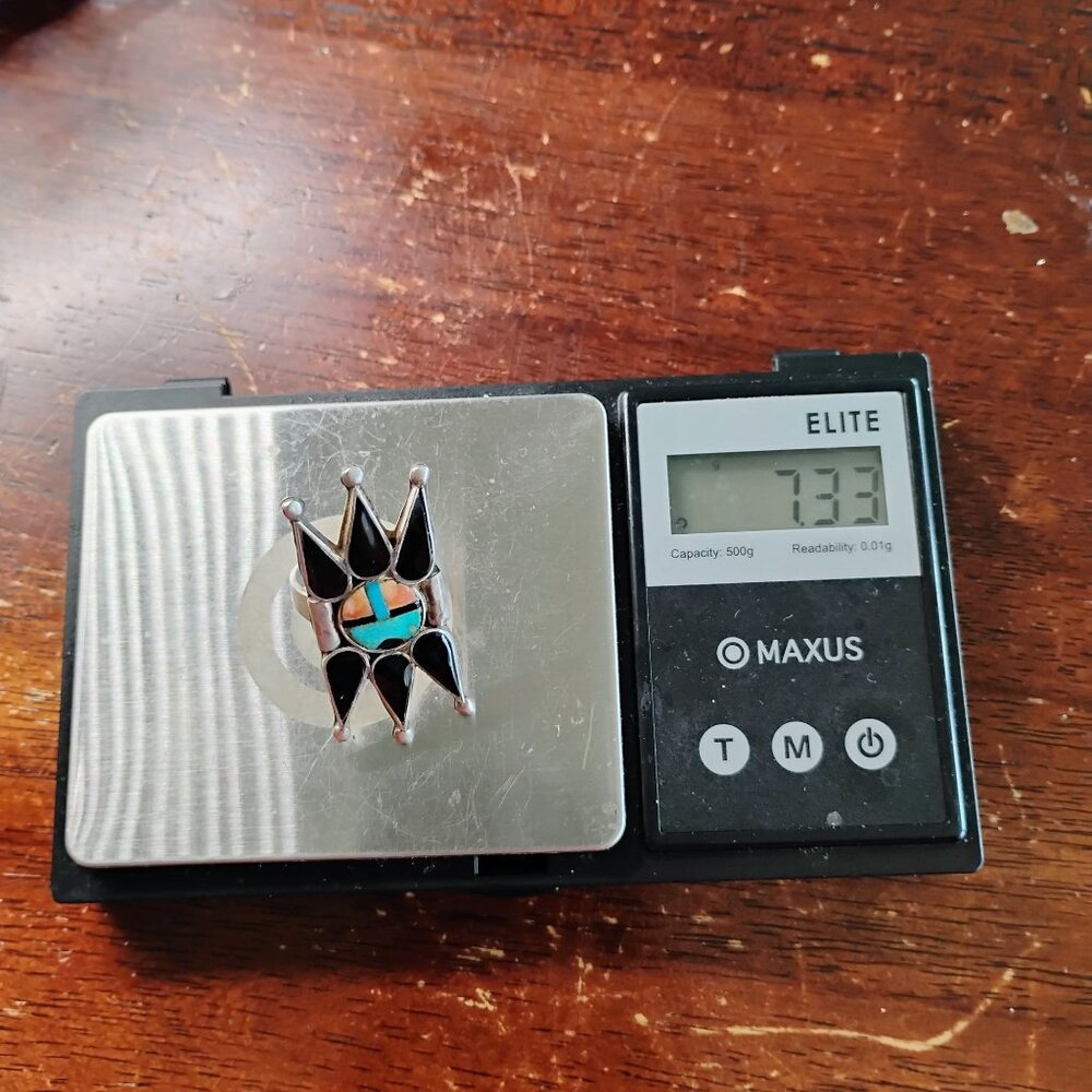VTG Zuni Inlay Sun Face Ring Spiky Black Onyx Turquoise Coral Size 7 - Picture 7 of 7